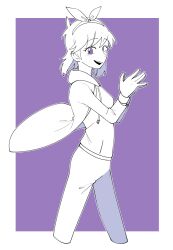  1girl :d animification antenna_hair border bow_hairband breasts chinese_commentary commentary_request cropped_legs drawstring eddsworld from_side hairband highres hood hood_down hoodie jacket long_sleeves looking_at_viewer matilda_(eddsworld) medium_breasts medium_hair monochrome open_clothes open_jacket own_hands_together pants piao-water purple_background purple_theme smile solo violet_eyes white_border 