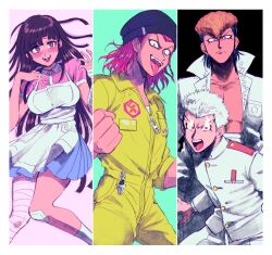  1girl 3boys apron aqua_background beanie black_background danganronpa:_trigger_happy_havoc danganronpa_(series) danganronpa_2:_goodbye_despair hat ishimaru_kiyotaka jacket jumpsuit looking_at_viewer multiple_boys oniyama831 owada_mondo pectorals pink_background pink_eyes pink_hair pink_shirt pompadour purple_hair school_uniform shirt short_hair soda_kazuichi tongue tongue_out tsumiki_mikan violet_eyes white_apron white_jacket yellow_jumpsuit 