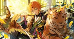  1boy beads black_shirt curtains earrings ensemble_stars! falling_petals fang feet_out_of_frame flower green_eyes green_kimono green_pants green_shirt hand_fan hand_up head_tilt highres holding holding_fan japanese_clothes jewelry kimono long_sleeves love_(chyuu_u) male_focus medium_hair official_alternate_costume open_mouth orange_hair pants petals shirt shirt_under_kimono side_ponytail sitting solo tassel tiger tiger_of_indomitability_(ensemble_stars!) tsukinaga_leo window 