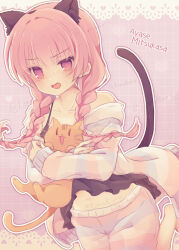  1girl :3 animal animal_ear_fluff animal_ear_hairband animal_ears bare_shoulders barefoot black_camisole black_hairband blunt_bangs blush braid brown_cat camisole cat cat_ear_hairband cat_ears cat_tail character_name commentary cowboy_shot crossed_arms dutch_angle eyelashes eyes_visible_through_hair fake_animal_ears fake_tail floating_hair frown hair_between_eyes hairband highres holding holding_animal holding_cat konoquro long_hair looking_at_viewer low_twin_braids midriff mitsukasa_ayase navel official_alternate_costume official_alternate_hairstyle open_mouth outline pajamas pink_hair purple_background red_eyes riddle_joker simple_background sleeves_past_wrists smile solo standing standing_on_one_leg striped_clothes striped_pajamas sweatdrop tail tail_raised twin_braids twitter_username watermark white_outline |_| 