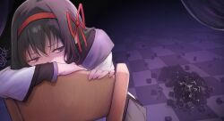  1girl absurdres against_chair akemi_homura akemi_homura_(magical_girl) black_hair checkered_floor commentary_request covered_mouth cube curtains dress hair_between_eyes hair_ribbon highres juudo_ni_seiheki_kojireta_madoka_suki long_sleeves looking_to_the_side mahou_shoujo_madoka_magica purple_theme red_ribbon ribbon solo violet_eyes white_dress 