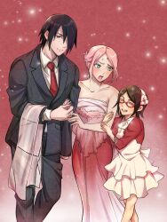  1boy 2girls bare_shoulders black_eyes black_hair black_jacket black_pants black_suit blush boruto:_naruto_next_generations child closed_eyes closed_mouth coll collared_shirt commentary cowboy_shot cropped_jacket dress family father_and_daughter glasses green_eyes hair_over_one_eye hairband haruno_sakura highres holding_another's_arm holding_hands husband_and_wife jacket jewelry long_dress mandarin_collar medium_hair mother_and_daughter multiple_girls naruto_(series) necktie open_mouth pants pink_dress pink_hair pink_hairband red_jacket red_necktie ring sayaendou0426 shirt short_hair strapless strapless_dress suit suit_jacket sweatdrop uchiha_sarada uchiha_sasuke untranslatable_commentary updo white_dress white_shirt 