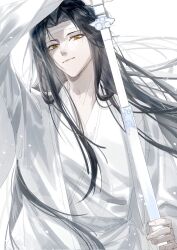  1boy arm_up bichen_sword bishounen black_hair chinese_clothes closed_mouth coat fighting_stance flower hanfu hashtag-only_commentary headband highres holding holding_sword holding_weapon jian_(weapon) lan_wangji light_particles liuche79871650 long_hair long_sleeves looking_at_viewer male_focus modao_zushi open_clothes open_coat robe sheath simple_background solo sword unsheathing upper_body weapon white_background white_coat white_hanfu white_headband wide_sleeves yellow_eyes 