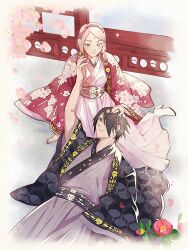  1boy 1girl architecture black_hair black_haori boots breasts cherry_blossoms closed_mouth commentary couple east_asian_architecture facial_mark falling_petals floral_print_haori flower forehead_mark green_eyes grey_eyes grey_kimono hair_flower hair_ornament hair_over_one_eye hand_on_another's_head haori haruno_sakura hetero high_heel_boots high_heels highres husband_and_wife japanese_clothes jewelry kimono lap_pillow light_blush looking_at_another medium_breasts multiple_rings naruto_(series) petals pink_flower pink_hair pink_kimono pink_petals red_haori ring sayaendou0426 uchiha_sasuke untranslatable_commentary white_boots wide_sleeves 