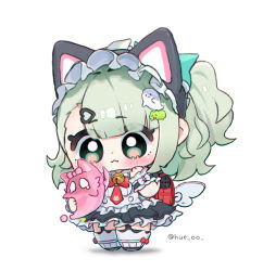  1girl animal_ear_hairband animal_ears backpack bag bell black_hairband black_shoes black_skirt blunt_bangs blush bow bowtie cat_ear_hairband cat_ears chibi chibi_only closed_mouth commentary fake_animal_ears frilled_skirt frills full_body ghost_hair_ornament green_eyes green_hair hair_ornament hairband hue_oo neck_bell official_alternate_costume randoseru red_bow red_bowtie shoes short_hair simple_background skirt solo standing sunna_(afternoon_tea_break)_(zenless_zone_zero) sunna_(zenless_zone_zero) thigh-highs twitter_username untranslatable_commentary white_background white_thighhighs white_wings wings zenless_zone_zero 