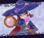  1girl andou_ringo blue_cape blue_robe blush cape drill_hair eyelashes green_eyes grey_background hat holding holding_staff kashima_miyako licking_lips puyopuyo puyopuyo_7 redhead robe short_hair solo staff tongue tongue_out twin_drills upper_body witch_hat 