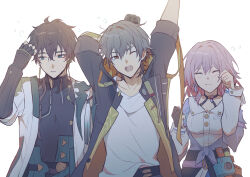  1girl 2boys aqua_eyes armor arms_up black_choker black_coat black_gloves black_hair black_shirt blue_jacket blue_skirt breasts buttons caelus_(honkai:_star_rail) cake_cat_(honkai:_star_rail) camera character_hat chinese_clothes choker clenched_hands closed_eyes closed_mouth clothes_around_waist coat collarbone collared_shirt commentary_request constellation_print dan_heng_(honkai:_star_rail) earclip earrings eyeliner fingerless_gloves gloves grey_hair hair_between_eyes hand_on_own_face hand_up hands_up hat highres honkai:_star_rail honkai_(series) hood hooded_coat jacket jewelry lapels long_sleeves looking_at_viewer looking_to_the_side makeup march_7th_(honkai:_star_rail) march_7th_(preservation)_(honkai:_star_rail) medium_breasts messy_hair mini_hat multiple_boys one_eye_closed open_clothes open_coat open_jacket open_mouth partially_fingerless_gloves pink_hair puffy_long_sleeves puffy_sleeves red_eyeliner rune_(rne_at) shirt short_hair shoulder_armor sidelocks simple_background single_earring single_glove skirt sleeping standing sweatdrop t-shirt teeth tied_jacket tongue trailblazer_(honkai:_star_rail) trailblazer_(trash_cake)_(honkai:_star_rail) two-sided_coat two-sided_fabric white_background white_coat white_shirt yawning yellow_coat yellow_eyes zipper 