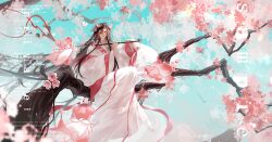  1boy alternate_costume androgynous barefoot black_hair branch chenqing_flute cherry_blossoms chinese_clothes dizi english_text fairy falling_petals floating_hair flower flute flute_tassel full_body grey_eyes hagoromo hair_down hair_flower hair_ornament hair_ribbon half_updo hanfu hashtag-only_commentary highres holding holding_flute holding_instrument in_tree instrument light_particles liuche79871650 long_hair long_sleeves male_focus modao_zushi music official_alternate_hairstyle outdoors parted_lips petals pink_flower pink_petals pink_shawl playing_flute playing_instrument red_ribbon red_shawl ribbon robe sample_watermark shawl sitting sitting_in_tree sky solo tassel transverse_flute tree very_long_hair watermark wei_wuxian wei_wuxian_(yiling_laozu) white_hanfu wide_sleeves 