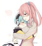  1boy 1girl aqua_hair blush bow bowtie breasts brown_cardigan cardigan crying eyepatch hair_ornament hair_scrunchie happy_tears headphones hug jacket large_breasts long_hair medical_eyepatch multicolored_clothes multicolored_jacket nei_akutsu original os_(os_fresa) pink_bow pink_bowtie pink_hair scrunchie smile souta_kandori tearing_up tears twitter_username violet_eyes white_background 