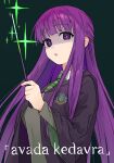  1girl :o alternate_costume bright_pupils collared_shirt commentary_request eyelashes fern_(sousou_no_frieren) green_background green_necktie green_sweater harry_potter_(series) highres holding holding_wand hood hood_down hooded_robe long_hair long_sleeves necktie parted_lips purple_hair robe shirt sidelocks slytherin solo some1else45 sousou_no_frieren sparkle sweater upper_body violet_eyes wand white_shirt wizarding_world 