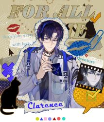  1boy alternate_costume animal_print belt black_choker black_shirt blank_speech_bubble blue_belt blue_eyes blue_hair border breast_pocket brown_background cat cat_print character_name checkmark chinese_commentary choker circle clarence_clayden closed_mouth collage_(medium) collarbone colored_speech_bubble commentary_request copyright_name crew_neck curtained_hair earrings english_text film_strip glasses grey_jacket hair_between_eyes halftone halftone_background highres jacket jewelry letter letterboxed lined_paper lipstick_mark long_sleeves looking_at_viewer lovebrush_chronicles male_focus mole mole_under_eye notice_lines open_clothes open_jacket outline paperclip pendant_choker pocket puzzle_piece shirt short_hair smile solo sparkle speech_bubble square star_(symbol) stud_earrings torn_paper triangle upper_body wax_seal white_border xuedaixun zipper_pull_tab zoom_layer 