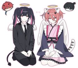  2boys angel_devil_(chainsaw_man) angel_devil_(chainsaw_man)_(cosplay) animal_ears apron arrow_(symbol) black_hair black_jacket black_necktie black_pantyhose blunt_bangs chainsaw_man chibi chibi_inset cho_kaguya-hime! collared_shirt commentary_request cosplay costume_switch crossdressing crossdressing_(mtf) crossover demon_tail expressionless formal_clothes frilled_kimono frills full_body halo hayakawa_aki horns jacket japanese_clothes kimono kimono_dress komazawa_noi komazawa_noi_(cosplay) korean_commentary long_hair long_sleeves looking_at_viewer male_focus multicolored_hair multiple_boys necktie no_shoes own_hands_together pantyhose pencil_skirt pi_(ri_ro0u0) pink_eyes pink_kimono pink_streaks red_hair seiza shirt sitting skirt smile streaked_hair suit suit_jacket tail tiger_ears traditional_halo trait_connection trap twintails white_apron white_background white_shirt white_wings wings 