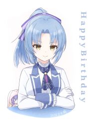  2girls =_= animal_ears animal_hood artist_name ascot assault_lily behind_another blue_ascot blue_hair blush breasts chibi closed_eyes closed_mouth commentary covered_mouth crescent crescent_earrings cropped_torso crossed_arms dated earrings fake_animal_ears frilled_sleeves frills gloves gradient_background hair_ribbon hand_on_another's_arm hand_up high_ponytail hood hood_up inoguchi_minto jacket jewelry looking_at_viewer makino_mitake matsumura_fuuka medium_breasts multiple_girls official_alternate_costume one_eye_covered pink_shirt ponytail purple_hair purple_ribbon rabbit_ears rabbit_hood ribbon shirt short_hair single_earring smile upper_body white_background white_gloves white_jacket white_shirt yellow_eyes 