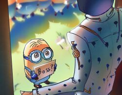  1boy argyle_clothes argyle_sweater bob_cut bruno_bucciarati bug colored_skin cyclops despicable_me fkamuumu goggles highres jojo_no_kimyou_na_bouken ladybug minion_(despicable_me) one-eyed polka_dot polka_dot_hair sweater vento_aureo yellow_skin 