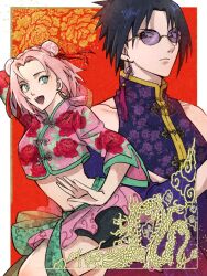  1boy 1girl arm_behind_head bare_shoulders bike_shorts bike_shorts_under_skirt black_hair black_shorts border braid breasts bun_cover chinese_clothes closed_mouth commentary cropped_jacket crossed_arms crown_braid double_bun dragon earrings eastern_dragon floral_print_jacket green_eyes hair_bun haruno_sakura jewelry mandarin_collar medium_breasts medium_hair midriff naruto_(series) naruto_shippuuden navel open_mouth parted_bangs pink_hair pink_skirt purple-tinted_eyewear purple_shirt red_background sayaendou0426 shirt short_hair shorts single_earring skirt smile sunglasses tassel tassel_earrings tinted_eyewear uchiha_sasuke untranslatable_commentary upper_body white_border 