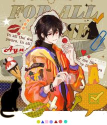  1boy alternate_costume ayn_alwyn black_hair black_shirt blank_speech_bubble border bracelet brown_background candy candy_wrapper cat character_name checkmark chinese_commentary circle collage_(medium) colored_speech_bubble copyright_name drawstring earrings english_text food gradient_clothes gradient_jacket hair_between_eyes halftone halftone_background hand_up heart highres holding holding_candy holding_food holding_lollipop hood hood_down hooded_jacket jacket jewelry letterboxed lined_paper lipstick_mark lollipop long_sleeves looking_at_animal lovebrush_chronicles low_ponytail male_focus medium_hair notice_lines open_clothes open_jacket orange_jacket outline paperclip parted_lips pendant ponytail print_jacket red_eyes red_jacket shirt short_ponytail sideways_glance smile solo sparkle speech_bubble square star_(symbol) stud_earrings torn_paper triangle turtleneck turtleneck_shirt upper_body wax_seal white_border xuedaixun 