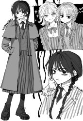  1other 2girls absurdres bags_under_eyes black_hair black_necktie black_pantyhose black_shoes blush braid character_name closed_mouth collared_shirt copyright_name disembodied_hand enid_sinclair full_body greyscale hand_on_another's_shoulder hands_in_pockets hashtag-only_commentary highres jacket long_coat long_hair long_skirt medium_hair monochrome multiple_girls multiple_views neck_ribbon necktie pantyhose pleated_skirt ribbon school_uniform shirt shoes skirt smile sparkle stitched_hand striped_clothes striped_jacket striped_skirt suit_jacket the_addams_family thing_(the_addams_family) twin_braids upper_body wayon154 wednesday_(netflix) wednesday_addams white_shirt 