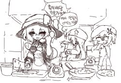  3girls anger_vein angry antique_phone apron blush bow braid cleaver closed_eyes commentary cooking cutting eyeball facing_viewer frying_pan greyscale hat hat_bow hat_ornament highres holding holding_cleaver holding_phone hong_meiling indoors izayoi_sakuya kitchen komeiji_koishi korean_commentary korean_text long_hair long_sleeves monochrome multiple_girls open_mouth phone rampa93 rotary_phone sketch smile spit_take spitting star_(symbol) star_hat_ornament third_eye touhou translation_request twin_braids 