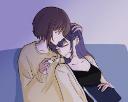  2girls asahina_mafuyu black_camisole book brown_eyes brown_hair camisole cardigan closed_eyes closed_mouth commentary_request glasses hand_on_another's_head head_on_another's_shoulder highres holding holding_book long_hair multiple_girls parted_lips project_sekai purple_hair shinonome_ena short_hair sleeping smile sweater torakwok yellow_cardigan yellow_sweater yuri 