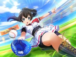  1girl baseball baseball_mitt baseball_stadium baseball_uniform black_boots black_hair black_shirt black_shorts blue_eyes blue_sky blurry blurry_background boots day game_cg kagura_hikari knee_boots long_hair looking_at_viewer official_art open_mouth ponytail shirt shirt_under_shirt shorts shorts_under_skirt shoujo_kageki_revue_starlight shoujo_kageki_revue_starlight_-re_live- sidelocks skirt sky solo sportswear tied_shirt upper_body v-shaped_eyebrows white_shirt white_skirt wristband 