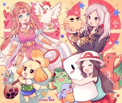  4girls animal_crossing animal_ears bead_necklace beads bee bird blush brown_hair bug butterfly_net charizard chicken closed_eyes commentary_request cucco dog_ears dog_girl dog_tail doseisan dress female_robin_(fire_emblem) fire_emblem fire_emblem_awakening furry furry_female grey_hair hand_net hat heart highres holding isabelle_(animal_crossing) ivysaur jewelry leaf_(pokemon) long_hair long_sleeves mother_(series) multiple_girls necklace open_mouth pointy_ears pokemon pokemon_(creature) pokemon_frlg princess_zelda sandbag_(smash_bros) simple_background skirt sleeveless squirtle star_(symbol) super_smash_bros. super_smash_bros._logo tail the_legend_of_zelda twitter_username white_hat yataba 