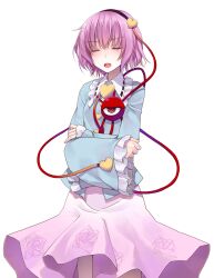  1girl black_hairband blue_shirt breasts buttons closed_eyes commentary_request cowboy_shot crossed_arms crote floral_print floral_print_skirt frilled_shirt_collar frills front_slit hair_ornament hairband heart heart_button heart_hair_ornament highres komeiji_satori large_variant_set long_sleeves pink_hair pink_skirt print_skirt ribbon-trimmed_collar ribbon_trim shirt short_hair skirt sleeves_past_wrists solo standing tachi-e third_eye touhou transparent_background v-shaped_eyebrows variant_set wide_sleeves 