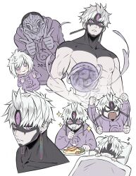  3boys abs akiomusubi angry blush clenched_hands closed_mouth cropped_torso dandadan earrings eating evil_eye_(dandadan) food highres hood hood_down hoodie jewelry jiji_(majo_no_takkyuubin) male_focus multiple_boys muscular muscular_male omelet omurice parted_bangs parted_lips pectorals pink_eyes purple_hoodie short_hair shouting sleeping smile sparkle third_eye topless_male under_covers upper_body utensil_in_mouth white_background white_hair zzz 