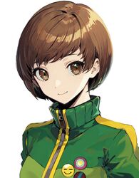  bowl_cut brown_eyes brown_hair closed_mouth cropped_shoulders green_jacket jacket looking_at_viewer persona persona_4 pin satonaka_chie satuki_(jo4pr8) short_hair smile solo white_background zipper 