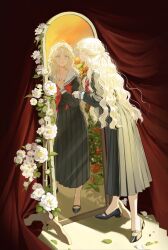  1girl black_serafuku black_shirt black_shoes black_skirt blonde_hair blue_eyes blush collarbone curly_hair curtains different_reflection earrings expressionless flower full-length_mirror full_body hair_ribbon half_updo hand_on_own_chest high-waist_skirt jewelry lalang leaf long_hair long_skirt long_sleeves looking_at_mirror looking_at_self loose_hair_strand mary_janes mirror neckerchief original parted_hair parted_lips petals pink_lips pleated_skirt red_neckerchief reflection revision ribbon sailor_collar school_uniform serafuku shirt shoes skirt solo stage_curtains standing tareme white_flower white_petals white_ribbon white_sailor_collar 