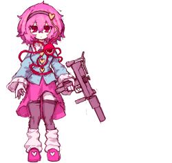  1girl black_hairband black_thighhighs blue_shirt buttons commentary eyeball frilled_shirt_collar frills full_body gun hair_ornament hairband heart heart-shaped_pupils heart_button heart_hair_ornament highres holding holding_gun holding_weapon komeiji_satori korean_commentary leg_warmers long_sleeves looking_at_viewer mac-10/11 medium_hair pink_hair pink_skirt pink_slippers rampa93 red_eyes ribbon-trimmed_collar ribbon_trim shirt simple_background skirt slippers solo submachine_gun symbol-shaped_pupils thigh-highs third_eye touhou transparent_background weapon white_leg_warmers 
