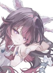  1girl arm_ribbon black_hair bright_pupils columbina_(genshin_impact) flower genshin_impact hair_ornament hair_ribbon highres long_hair looking_at_viewer multicolored_hair nayuta_(8888_mugen) pink_hair ribbon simple_background smile solo teeth two-tone_hair violet_eyes white_background white_pupils white_ribbon wing_hair_ornament 