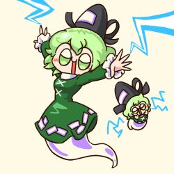  1girl black_hat commentary cross-laced_clothes dress ghost_tail green_dress green_eyes green_hair hat lightning numenoko ofuda ofuda_on_clothes short_hair simple_background soga_no_tojiko tan_tan_pou tate_eboshi touhou yellow_background 