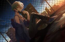  1boy bare_shoulders black_mask black_pants blue_jacket blue_shoes blue_sky blurry blurry_background building cigarette cigarette_pack city clothes_down clouds cloudy_sky collarbone commentary earphones earrings evening from_side full_body gradient_sky green_hair grey_tank_top hair_over_one_eye hand_up holding hood hooded_jacket jacket jewelry long_sleeves looking_at_viewer male_focus mask mouth_mask on_roof open_clothes open_jacket open_mouth original outdoors pants puddle puffy_long_sleeves puffy_sleeves red_eyes rune_(rne_at) shadow shoes short_hair sitting sitting_on_roof sky skyscraper sneakers solo sunset tank_top tongue untranslatable_commentary window 