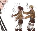  1boy 2others brown_hair brown_jacket commentary_request frown giant goggles hange_zoe jacket moblit_berner multiple_others open_mouth outstretched_arms ponytail shingeki_no_kyojin smile survey_corps_(emblem) suspenders sweatdrop titan_(shingeki_no_kyojin) translation_request yonchi 