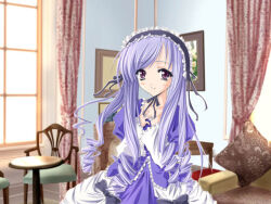  1girl aria_(sister_princess) bad_id black_bow black_hairband black_ribbon bow chair closed_mouth curtains dress dress_bow drill_hair frilled_bow frilled_dress frilled_hairband frills hairband hands_on_own_chest hands_up indoors juliet_sleeves long_hair long_sleeves looking_at_viewer low_drills painting_(object) picture_frame puffy_sleeves purple_dress purple_hair ribbon shingo_(missing_link) sister_princess smile solo standing table upper_body violet_eyes window 