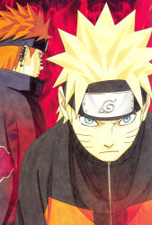  2boys absurdres akatsuki_uniform black_jacket blonde_hair blue_eyes earrings face_piercing facial_mark forehead_protector highres jacket jewelry kishimoto_masashi konohagakure_symbol looking_at_viewer multicolored_jacket multiple_boys naruto_(series) naruto_shippuuden nose_piercing orange_hair orange_jacket pain_(naruto) piercing short_hair two-tone_jacket uzumaki_naruto whisker_markings 