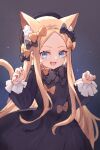  1girl abigail_williams_(fate) animal_ears black_bow black_dress black_headwear blonde_hair blue_eyes bow breasts cat_ears cat_tail dress fate/grand_order fate_(series) forehead hair_bow hat highres long_hair long_sleeves looking_at_viewer miya_(miyaruta) multiple_hair_bows open_mouth orange_bow parted_bangs ribbed_dress sidelocks small_breasts smile solo tail 
