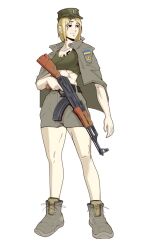  1girl abs ak-47 assault_rifle belt blonde_hair boots breasts brown_eyes drawfag full_body green_shorts gun hat highres holding holding_gun holding_weapon jacket kalashnikov_rifle marichka military military_patch military_uniform nazi non-web_source original rifle russo-ukrainian_war short_hair shorts simple_background smile soldier solo standing submachine_gun swastika swastika_tattoo tank_top tattoo trigger_discipline tryzub ukraine ukrainian_flag weapon white_background 