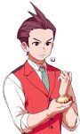  1boy =3 ace_attorney antenna_hair apollo_justice aqua_necktie asayosi_k bracelet brown_eyes brown_hair buttons closed_mouth collared_shirt forked_eyebrows hand_on_own_wrist hand_up jewelry lapel_pin lapels looking_at_hand male_focus necktie red_vest shirt short_hair simple_background sleeves_rolled_up solo upper_body v-shaped_eyebrows vest white_background white_shirt 