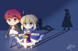  1boy 1girl ahoge are_you_my_master armor armored_dress artoria_pendragon_(fate) blonde_hair braid braided_bun bun_with_braided_base dress emiya_shirou excalibur_(fate/stay_night) fate/stay_night fate_(series) faulds gauntlets green_eyes hair_bun jacket red_hair saber_(fate) scenery tsuchiya_madose 