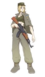  1girl abs ak-47 assault_rifle belt blonde_hair boots breasts brown_eyes drawfag full_body gun hat highres holding holding_gun holding_weapon jacket kalashnikov_rifle marichka military military_patch military_uniform nazi non-web_source original pants rifle russo-ukrainian_war short_hair simple_background smile soldier solo standing submachine_gun swastika swastika_tattoo tank_top tattoo trigger_discipline tryzub ukraine ukrainian_flag weapon white_background 