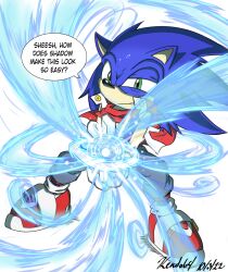  1boy absurdres animal_ears animal_nose blue_fur cr2_kendo64 furry furry_male gloves green_eyes grey_pants hedgehog_boy highres male_focus pants red_scarf red_shoes redesign scarf shoes sleeveless sonic_(series) sonic_the_hedgehog white_gloves 
