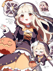  1girl :3 :d ankaketomato black_dress blonde_hair blush_stickers bow chibi closed_eyes commentary_request crying dress halloween_bucket highres holding holding_halloween_bucket holding_staff jack-o'-lantern long_hair long_sleeves looking_at_viewer meme multiple_views nun nun_headdress open_mouth orange_bow orange_eyes smile smirk solo speaki_(trickcal) speakiposting_(meme) staff trickcal white_background yellow_eyes 
