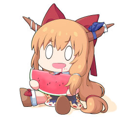  0_0 1girl blue_skirt bow brown_shoes chibi chibi_only chinese_commentary commentary_request eating food fruit full_body haihara_yuuya highres holding holding_food horns ibuki_suika open_mouth orange_hair red_bow shoes signature sitting skirt smile solo touhou watermelon 