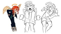  1boy absurdres androgynous angel_devil_(chainsaw_man) angel_wings blush chainsaw_man closed_eyes crescent_halo dunknduzart feathered_wings halo highres male_focus medium_hair mini_wings orange_hair shoes sketch sneakers suit tongue white_background wings 