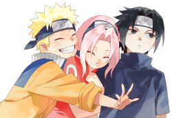  1girl 2boys black_eyes black_hair black_shirt blonde_hair blue_hairband blue_headband child closed_eyes closed_mouth commentary_request dress facial_mark grin hairband haruno_sakura headband highres jacket konohagakure_symbol korean_commentary light_blush medium_hair multiple_boys nagsu_(narksuhaza) naruto_(classic) naruto_(series) orange_jacket outstretched_arm parted_bangs pink_hair red_dress shirt short_hair smile spiky_hair teeth uchiha_sasuke upper_body uzumaki_naruto whisker_markings white_background 