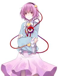  1girl black_hairband blue_shirt breasts buttons commentary_request cowboy_shot crossed_arms crote floral_print floral_print_skirt frilled_shirt_collar frills front_slit hair_ornament hairband heart heart_button heart_hair_ornament highres komeiji_satori large_variant_set long_sleeves pink_eyes pink_hair pink_skirt print_skirt ribbon-trimmed_collar ribbon_trim shirt short_hair skirt sleeves_past_wrists solo standing tachi-e third_eye touhou transparent_background v-shaped_eyebrows variant_set wide_sleeves 