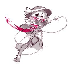  1girl absurdres blood blood_on_hands blood_on_knife collared_shirt commentary eyeball full_body greyscale hat hat_ribbon highres holding holding_knife knife komeiji_koishi korean_commentary long_hair long_sleeves looking_at_viewer monochrome one_eye_closed open_mouth rampa93 ribbon shirt simple_background skirt smile solo spot_color thigh-highs third_eye touhou white_background wide_sleeves 