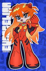 1girl abstract_background absurdres blue_background blue_eyes bodysuit chibi chibi_only full_body hand_on_own_hip hedprotag highres interface_headset_(evangelion) lower_teeth_only mecha_pilot_suit neon_genesis_evangelion orange_hair outline panty_&amp;_stocking_with_garterbelt_(style) plugsuit_(evangelion) red_bodysuit solo souryuu_asuka_langley teeth thick_outlines v-shaped_eyebrows vertical_text white_outline 