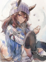  1girl absurdres animal_ears beanie black_thighhighs blue_jacket brown_hair closed_mouth commentary_request dice ears_through_headwear grey_hat hair_between_eyes hat headphones headphones_around_neck highres horse_ears horse_girl horse_tail jacket long_hair long_sleeves looking_at_viewer nakayama_festa_(umamusume) prototype_design red_sweater_vest shirt shoes sitting skirt smile sweater_vest tail thigh-highs umamusume violet_eyes white_shirt white_skirt yoshiaki_(yosiaki_ml) 